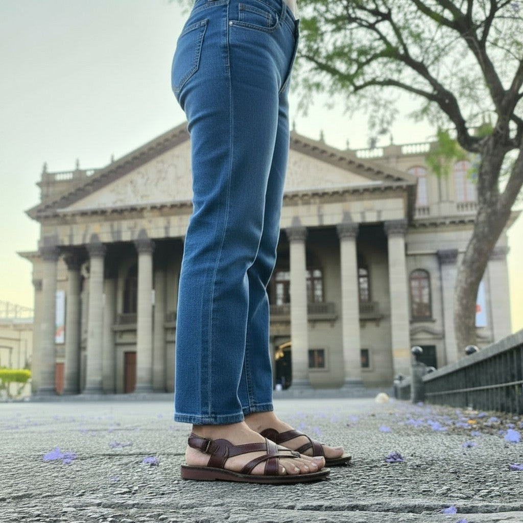 ARTESANALRENVAL women's burgundy leather huarache sandals with crisscross straps and buckle closure, styled with blue jeans.