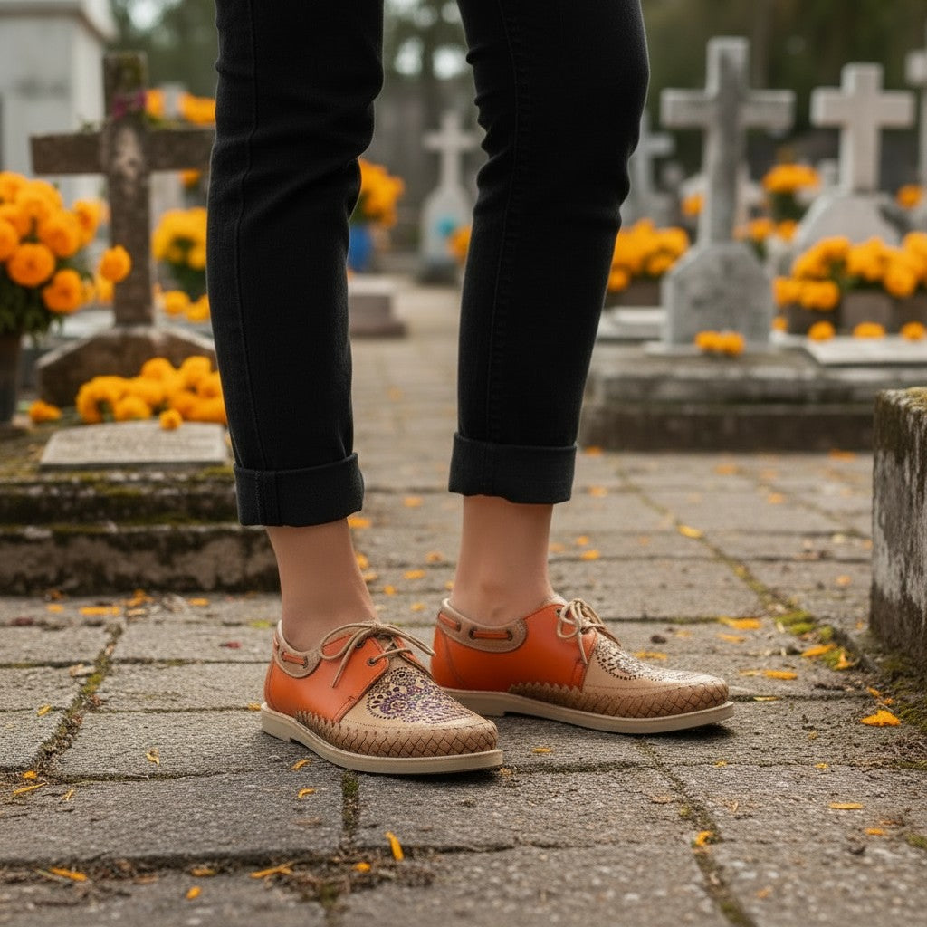 ARTESANALRENVAL handcrafted orange and tan leather lace-up oxfords with intricate laser-cut patterns on stone path.