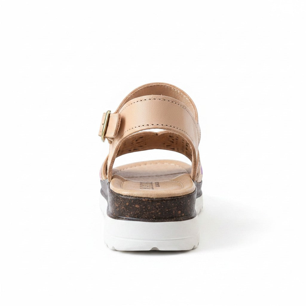 ARTESANALRENVAL beige leather huarache sandals with adjustable strap and cork platform sole. Geometric laser cut details and floral embroidery.