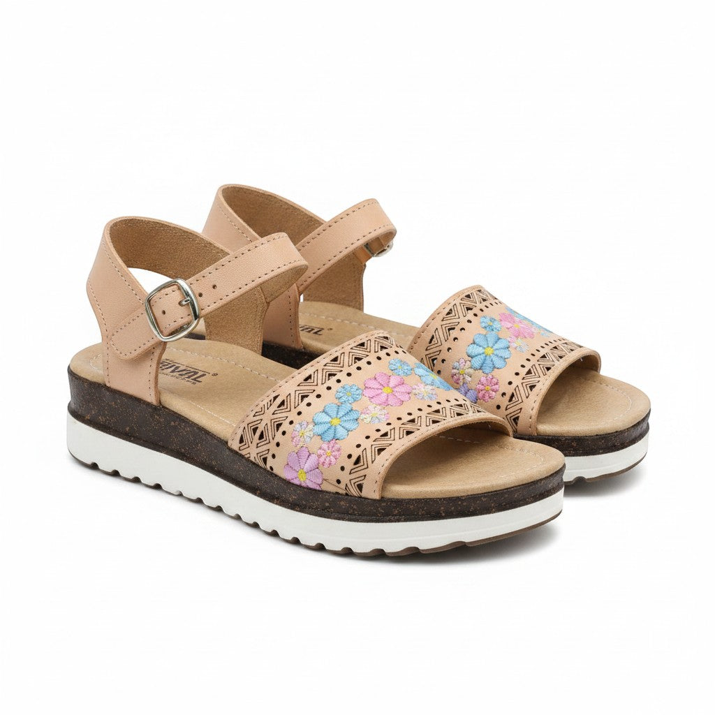ARTESANALRENVAL beige leather huaraches with floral embroidery and adjustable strap. Geometric laser cut details.