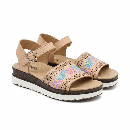 ARTESANALRENVAL beige leather huaraches with floral embroidery and adjustable strap. Geometric laser cut details.