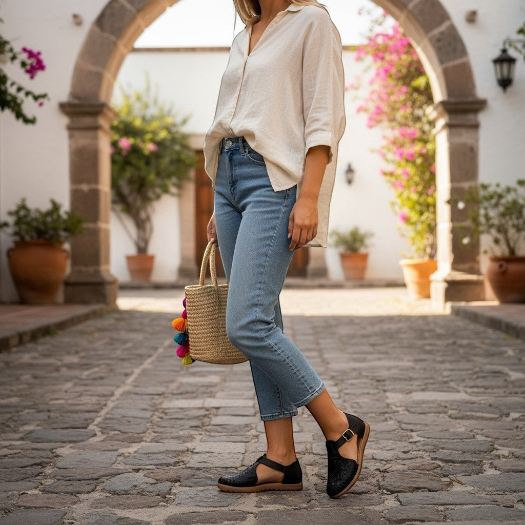 ARTESANALRENVAL black synthetic leather espadrilles with engraved detail and buckle strap.