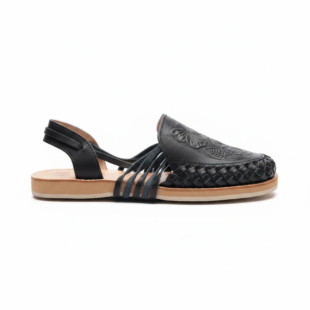 ARTESANALRENVAL black leather huarache sandals with hand-tooled tulip floral design and comfortable flat sole