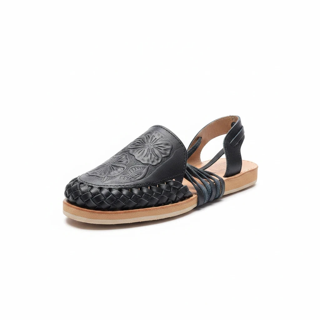 ARTESANALRENVAL black leather huarache sandal with hand-tooled tulip floral design and comfortable cushioned insole