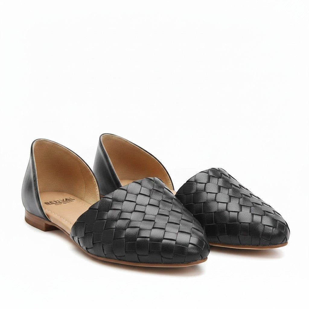 ARTESANALRENVAL black leather woven pointed-toe flats with cushioned insoles and non-slip soles.
