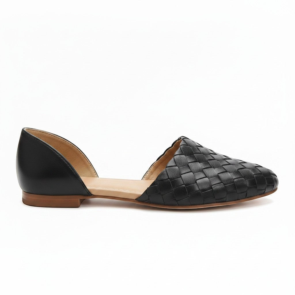 ARTESANALRENVAL black leather woven pointed toe d'Orsay flats