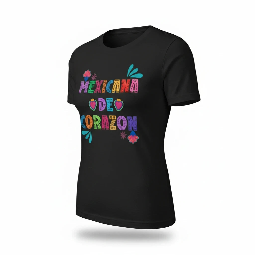 ARTESANALRENVAL black cotton crewneck t-shirt featuring a vibrant Mexicana de Corazon folk art graphic print.