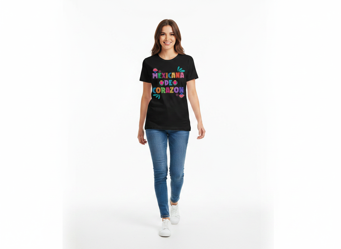 ARTESANALRENVAL black cotton crewneck t-shirt with colorful Mexicana de Corazon folk art graphic worn by a woman
