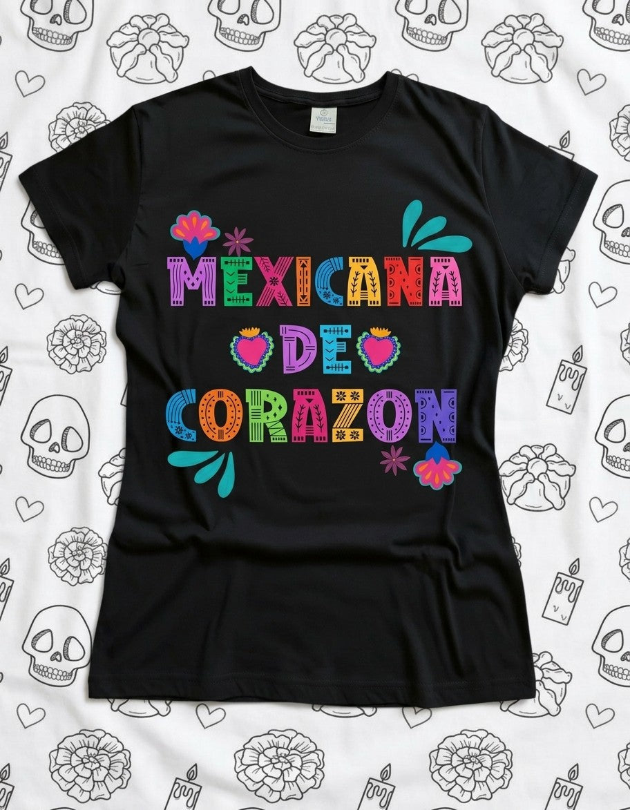ARTESANALRENVAL black cotton crewneck t-shirt featuring vibrant Mexicana de Corazon folk art typography and motifs.