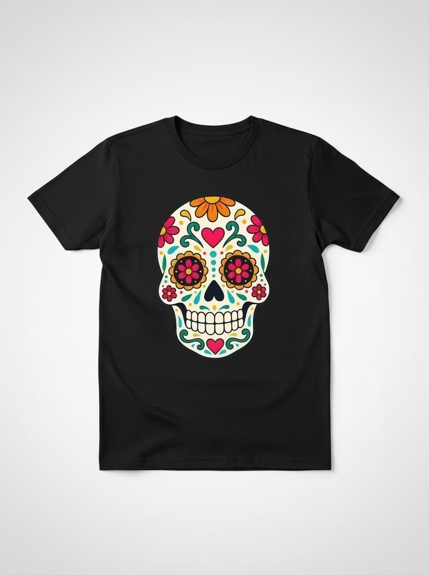 ARTESANALRENVAL black t-shirt featuring a vibrant sugar skull calavera print with colorful floral and marigold accents.