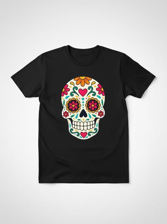ARTESANALRENVAL black t-shirt featuring a vibrant sugar skull calavera print with colorful floral and marigold accents.
