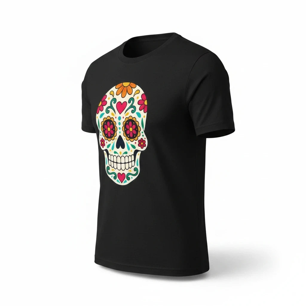 ARTESANALRENVAL black t-shirt featuring a colorful sugar skull calavera graphic with floral marigold accents