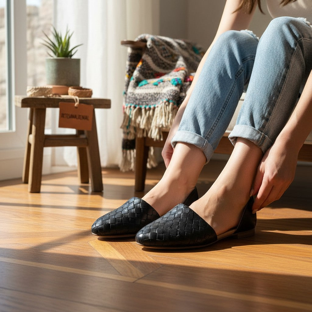 ARTESANALRENVAL black woven leather pointed toe flats with a comfortable, artisanal design.