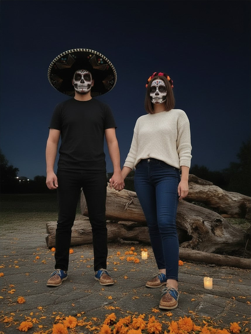 ARTESANALRENVAL blue leather Catrina loafers worn by a couple in Day of the Dead makeup and traditional attire