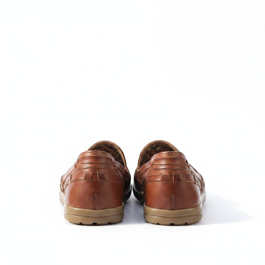 ARTESANALRENVAL brown leather woven huarache loafers, traditional Mexican style, flexible sole, breathable and lightweight for warm weather.
