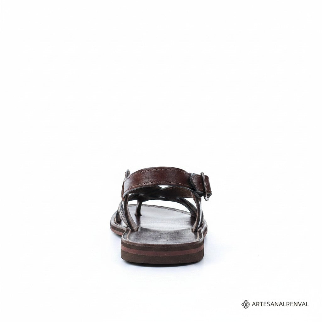 ARTESANALRENVAL brown leather huarache sandals with ankle strap and buckle, handmade in Mexico.