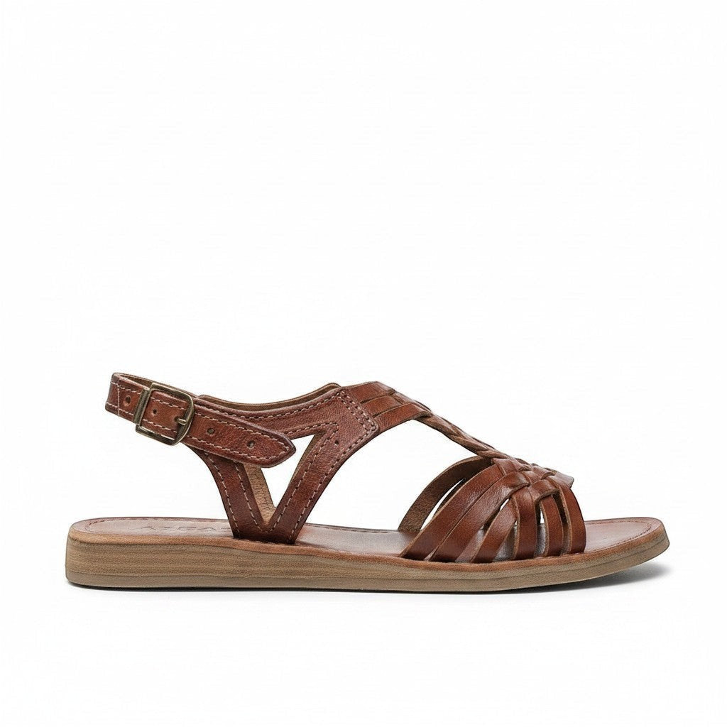ARTESANALRENVAL traditional brown leather huarache sandals with woven toe strap and ankle buckle.