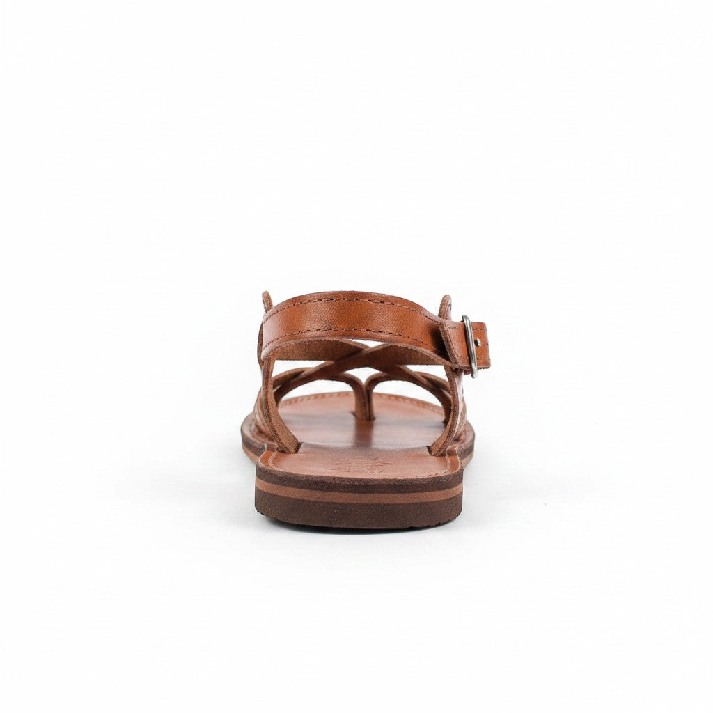 ARTESANALRENVAL brown leather huarache sandals with ankle strap and buckle, handmade in Mexico.