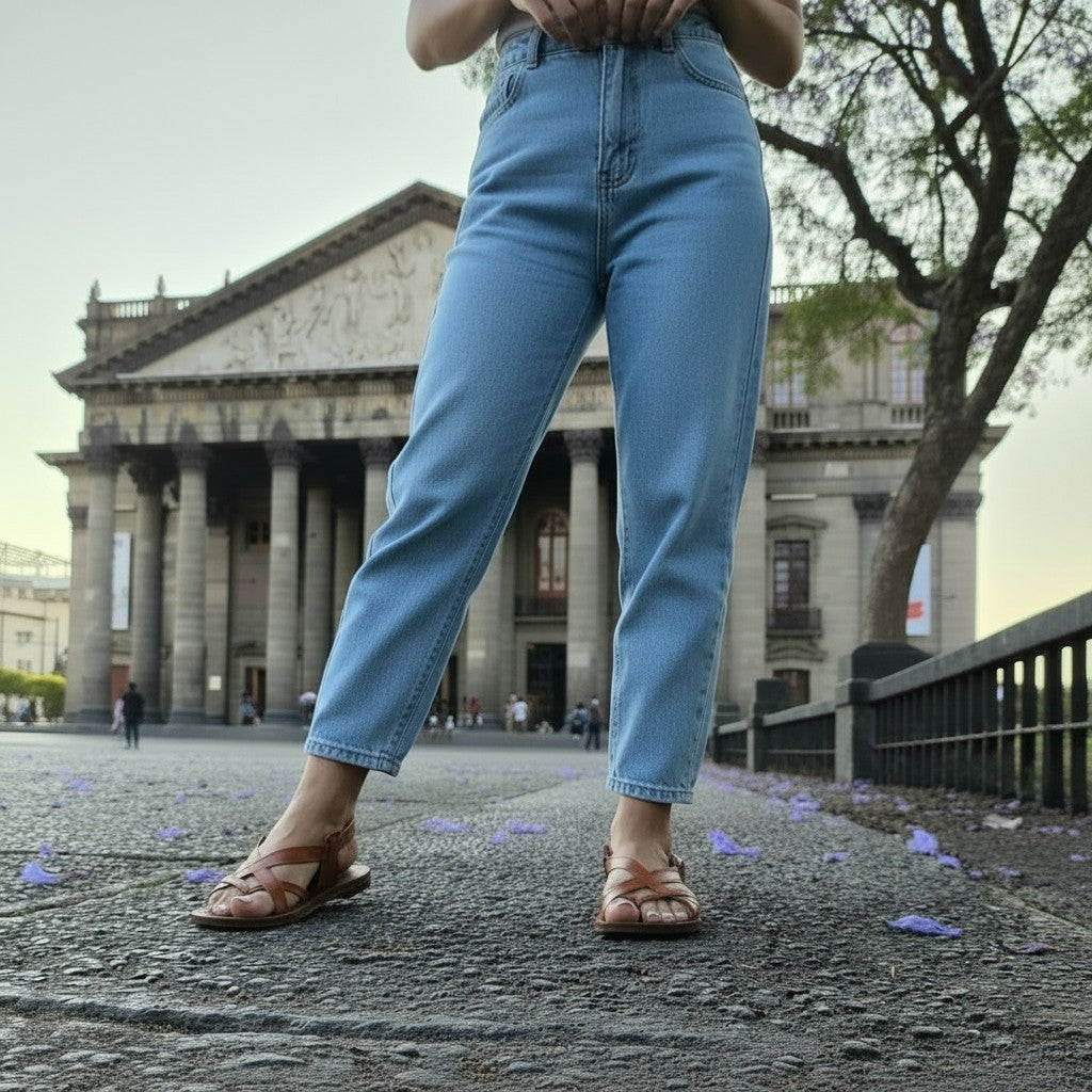 ARTESANALRENVAL brown leather huarache sandals with crisscross straps on a woman's feet, paired with light blue jeans.