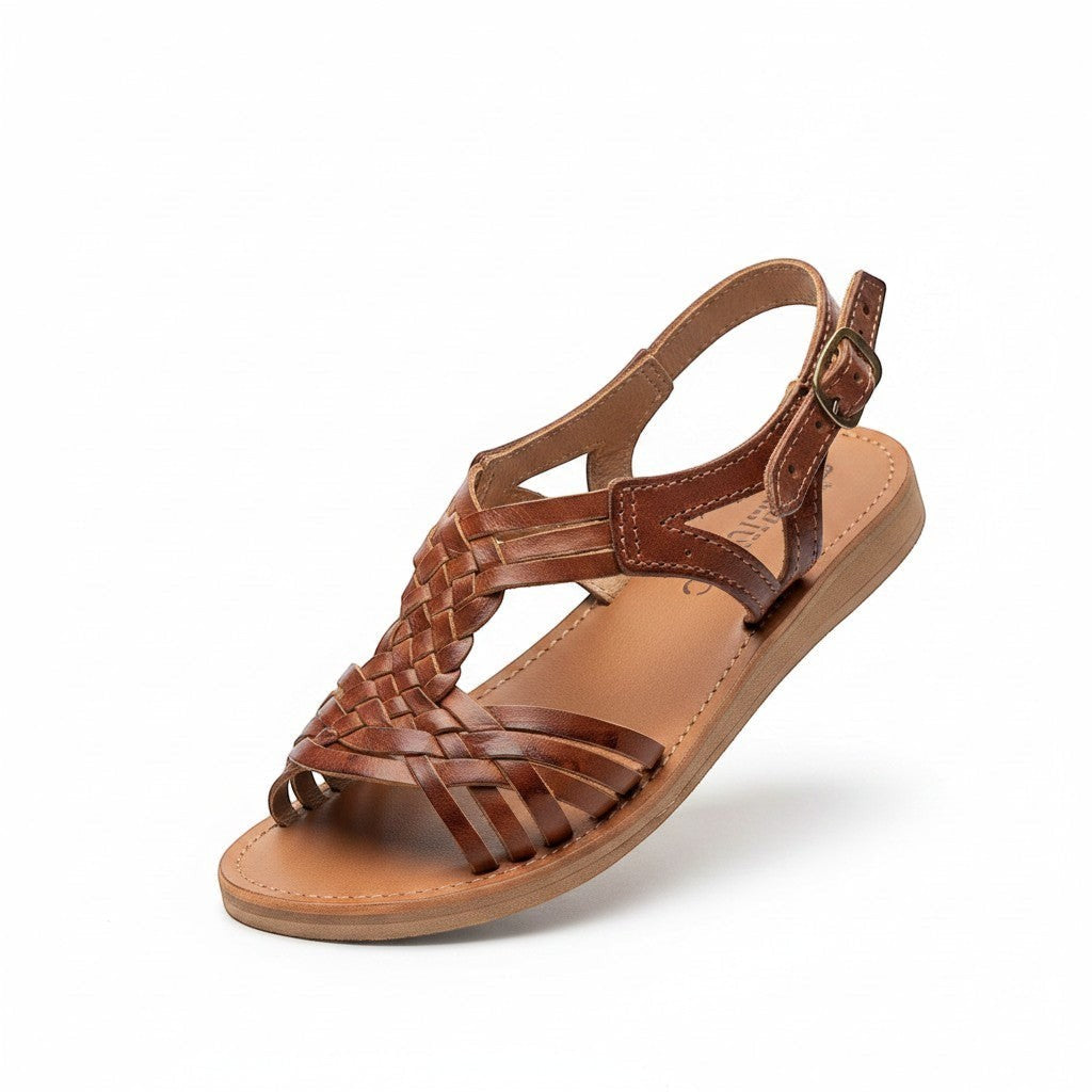 ARTESANALRENVAL traditional brown leather huarache sandals with woven detail and buckle strap.