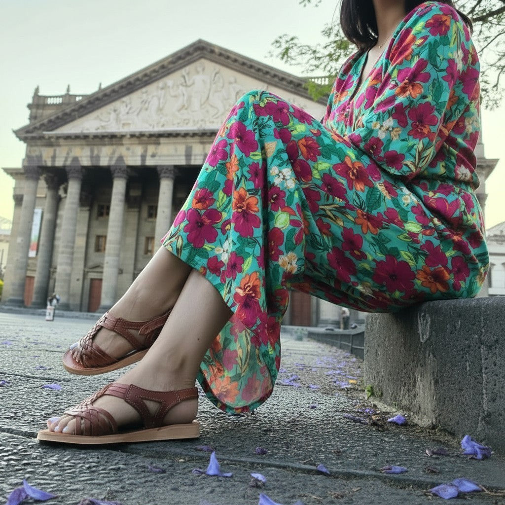 ARTESANALRENVAL traditional brown leather huarache sandals with woven straps, worn by a woman in a floral dress.