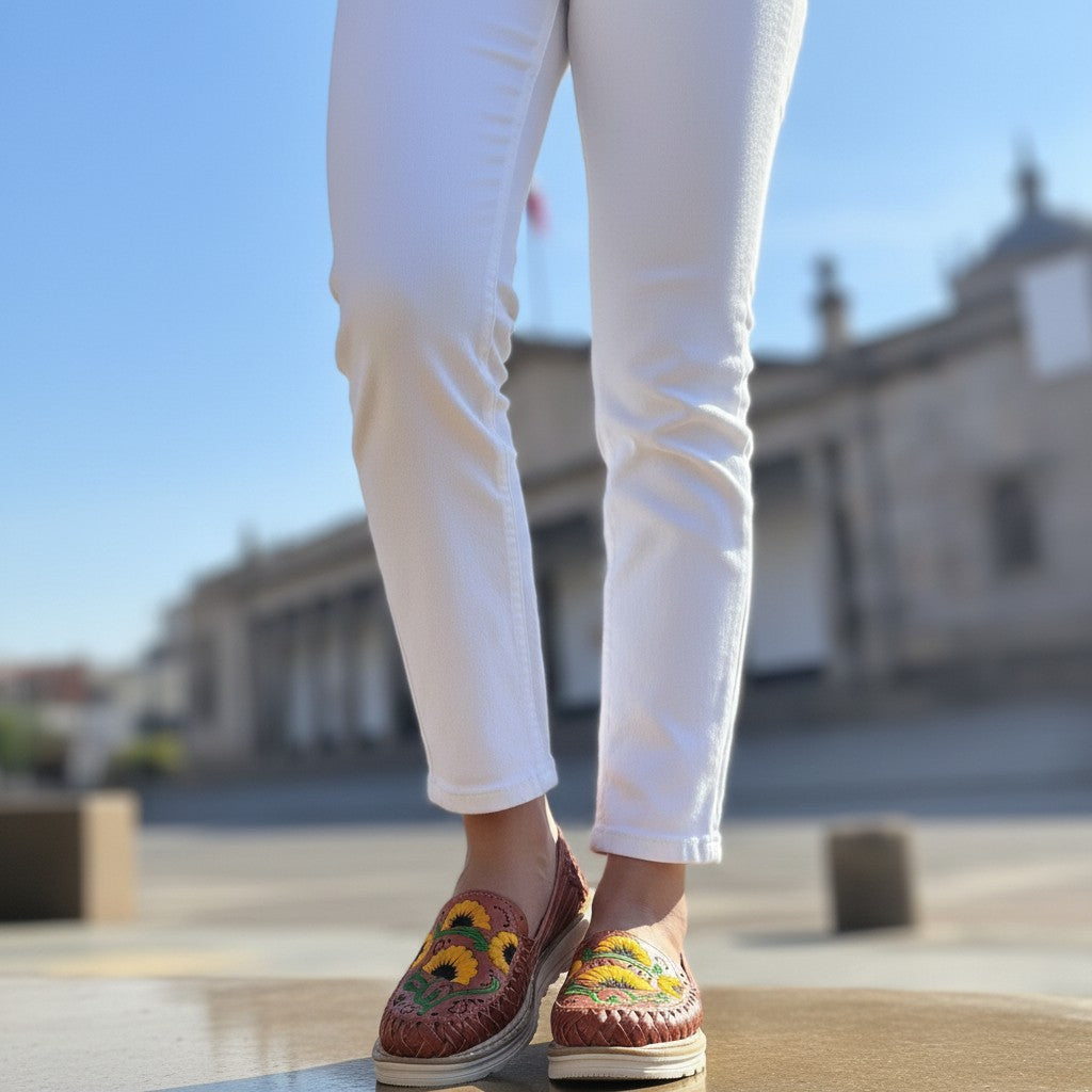 ARTESANALRENVAL brown leather huaraches with embroidered sunflowers and green vines. Woven straps and comfortable sole.