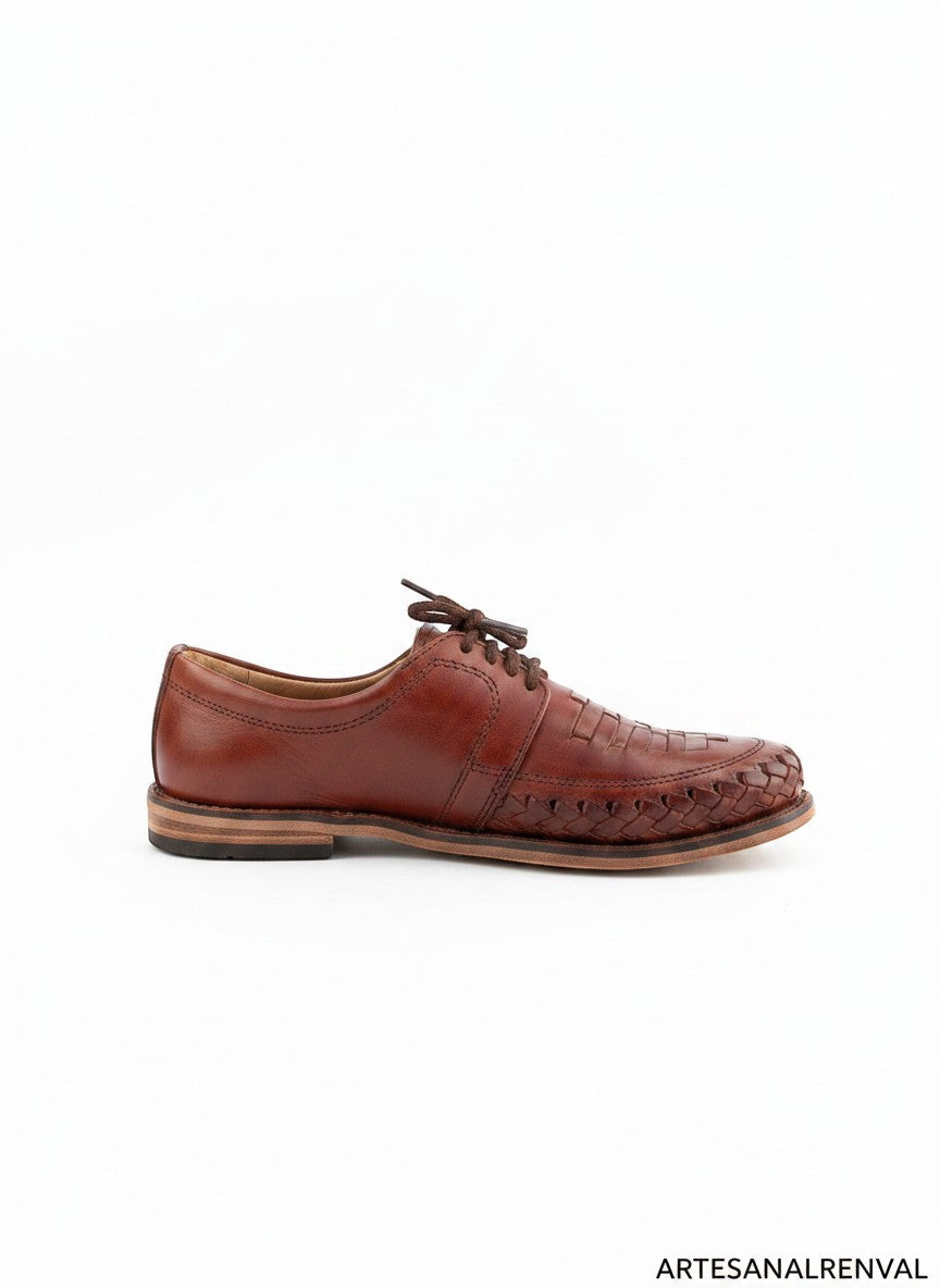 ARTESANALRENVAL men's brown woven leather dress shoes with laces. Handmade Mexican footwear.