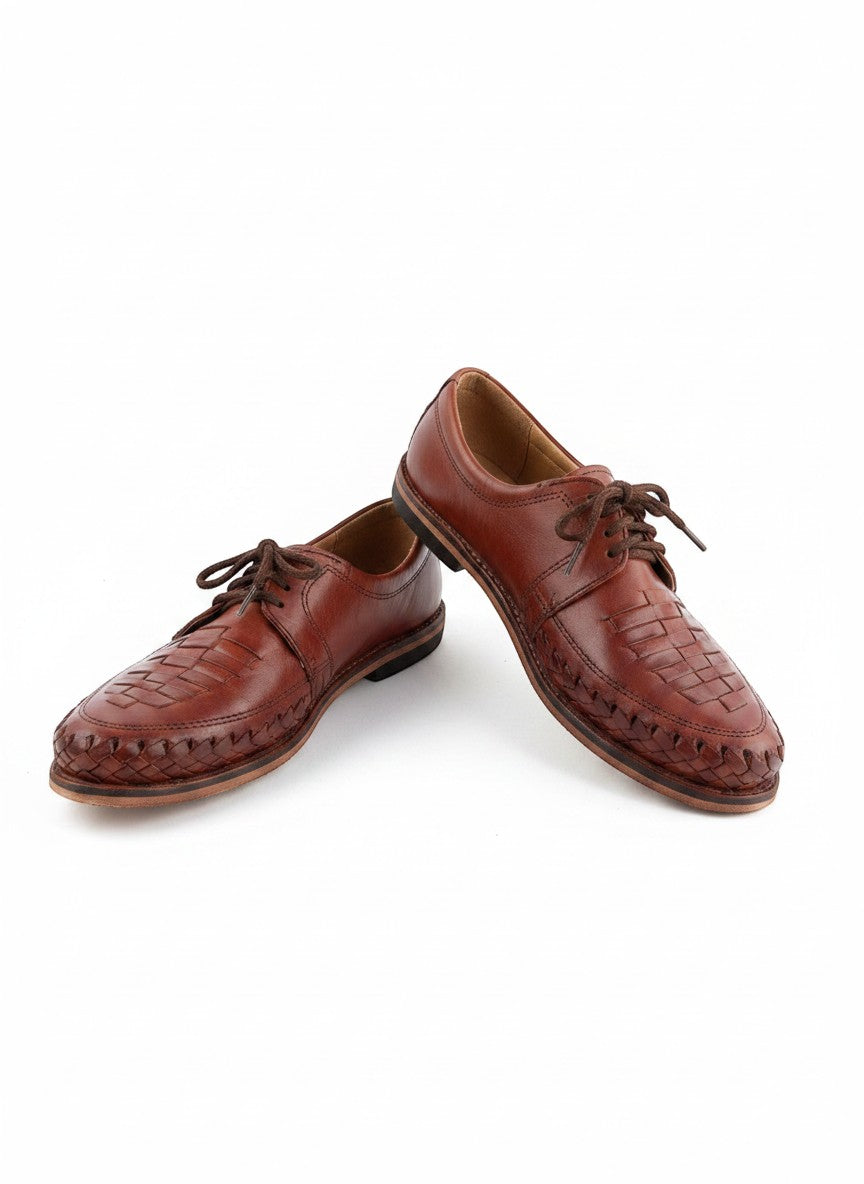 ARTESANALRENVAL brown woven leather lace-up shoes with durable sole, ideal for casual or formal wear.