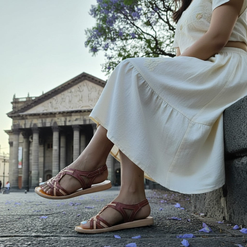 ARTESANALRENVAL brown and tan woven leather huarache sandals with ankle strap, handmade in Mexico.