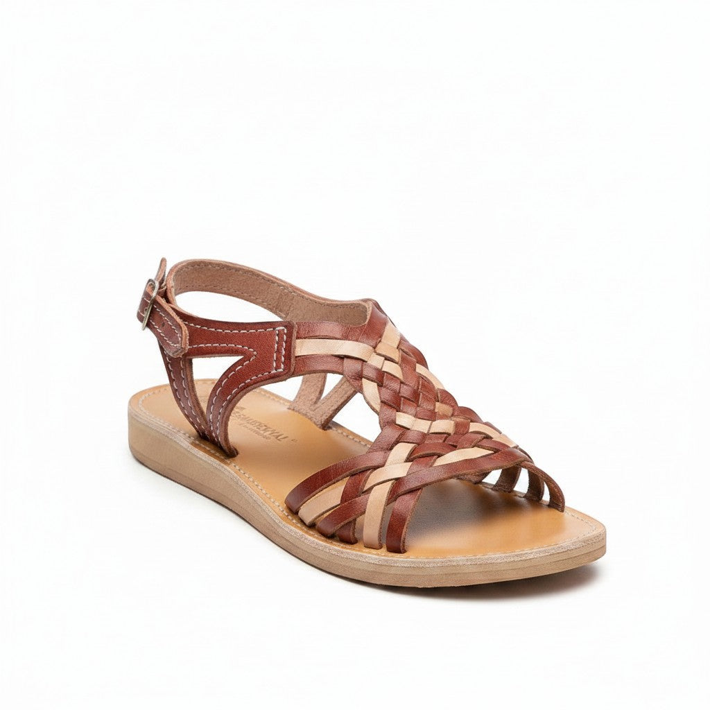 ARTESANALRENVAL brown and tan leather woven huarache sandals with ankle strap and buckle. Bohemian style.