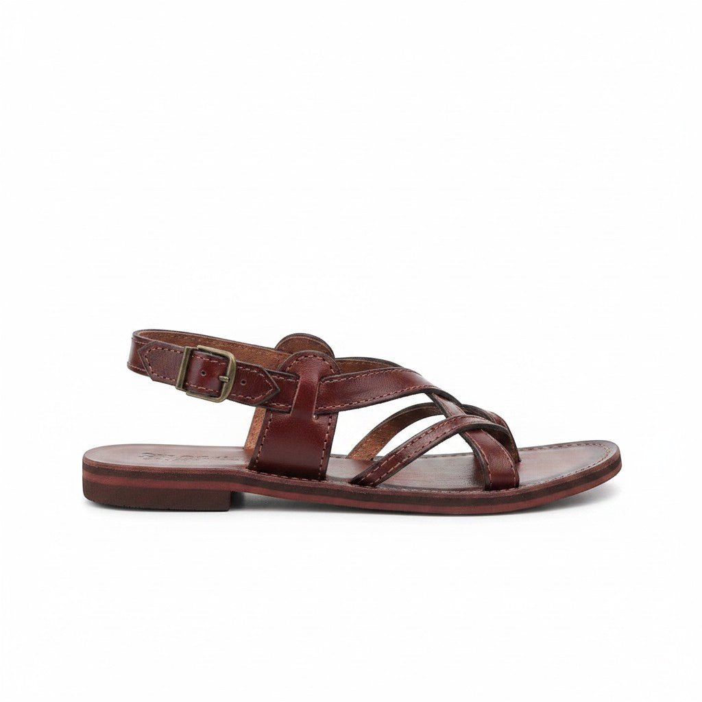 ARTESANALRENVAL H07 café brown leather handmade women's huarache sandals with crisscross straps and buckle closure.
