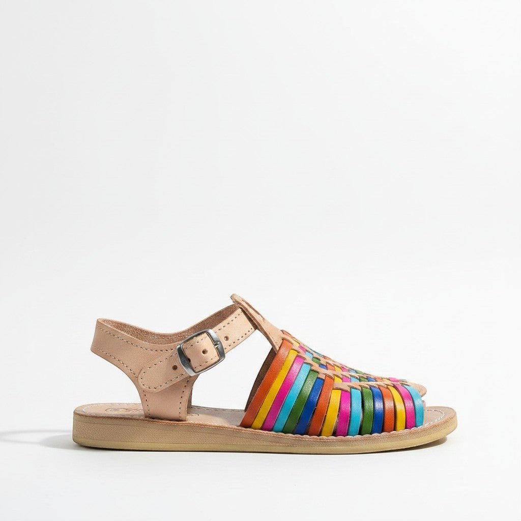 ARTESANALRENVAL colorful woven leather huarache sandals with buckle closure and flexible sole. Handmade Mexican footwear.