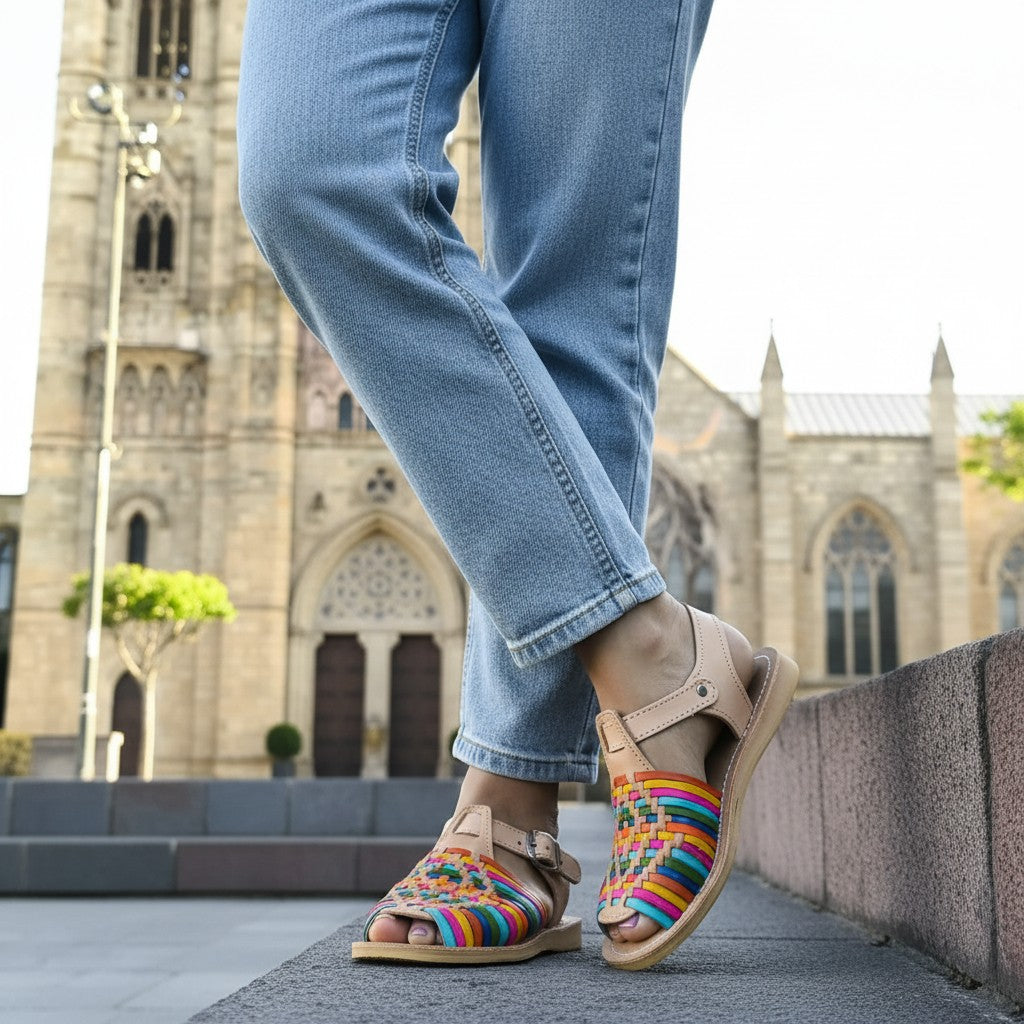 ARTESANALRENVAL colorful woven leather huarache sandals with buckle strap and open toe, on a woman's feet.