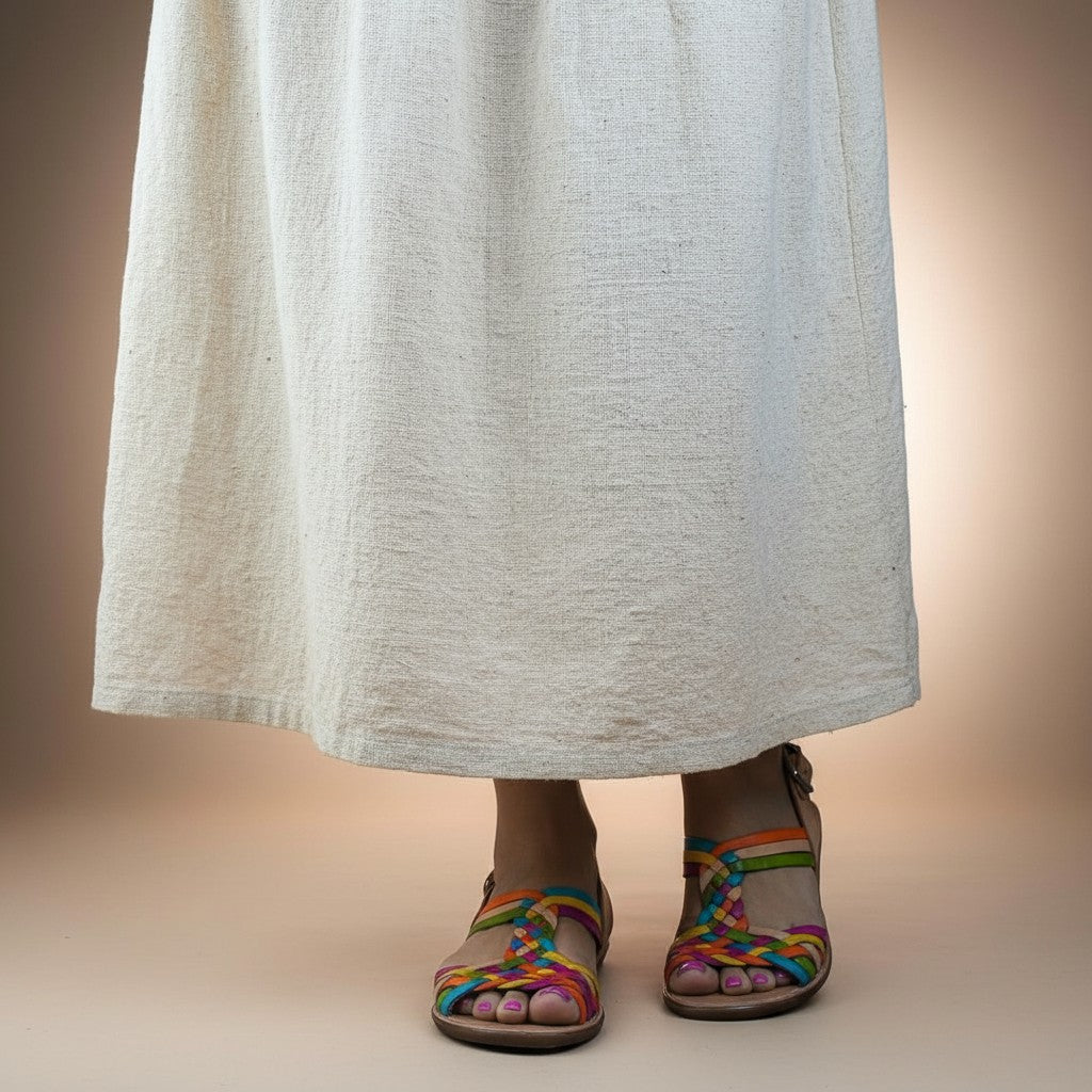ARTESANALRENVAL handmade leather huarache sandals with colorful woven straps and buckle closure.