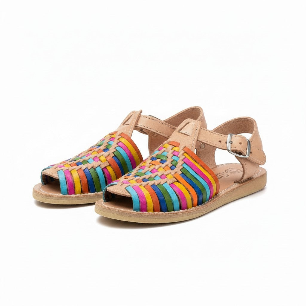 ARTESANALRENVAL colorful woven leather huarache sandals with buckle strap and open toe, perfect for warm weather.