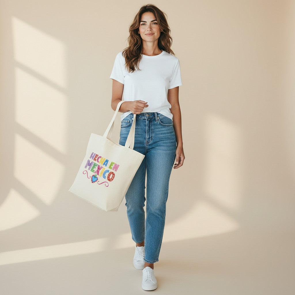 A woman wearing a white t-shirt and jeans carries an ARTESANALRENVAL off-white canvas tote with Hecho En Mexico graphic