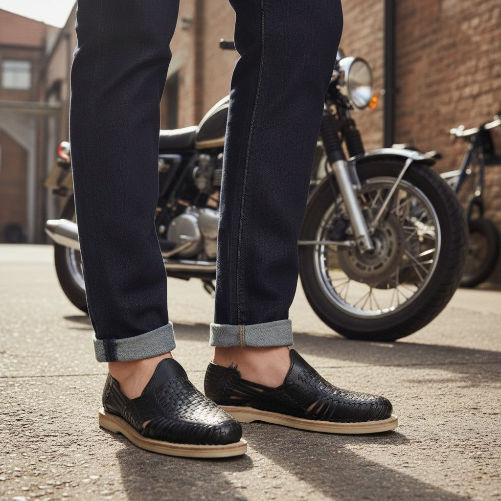 Huaraches Domino fino negro de ARTESANALRENVAL en piel trenzada artesanal con suela clara, ideales para uso casual.