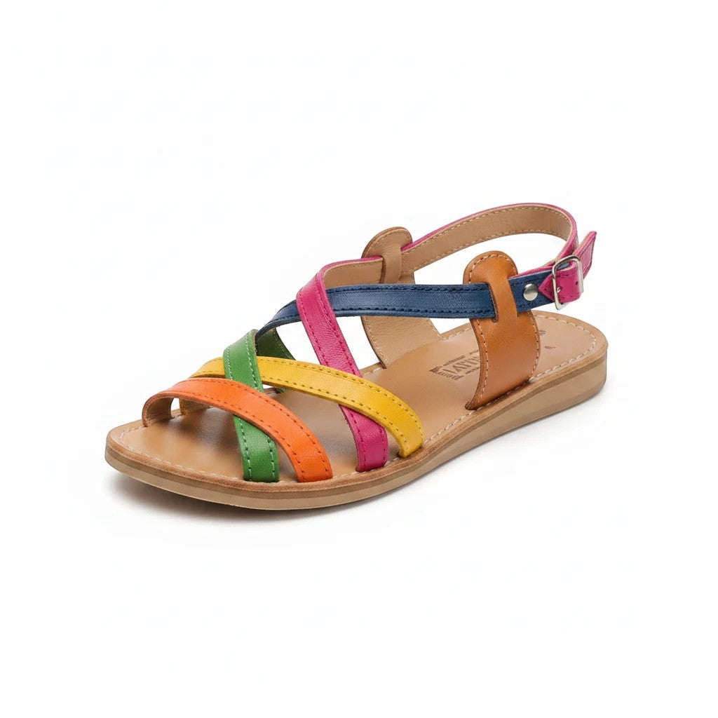 Huaraches ARTESANALRENVAL artesanales de cuero multicolor con tiras cruzadas y cierre de hebilla ajustable.