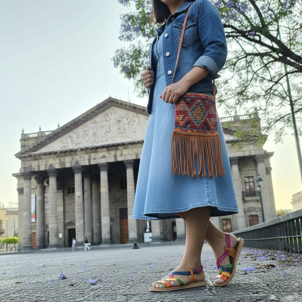 Huaraches artesanales ARTESANALRENVAL multicolor con suela flexible, usados por mujer con vestido de mezclilla