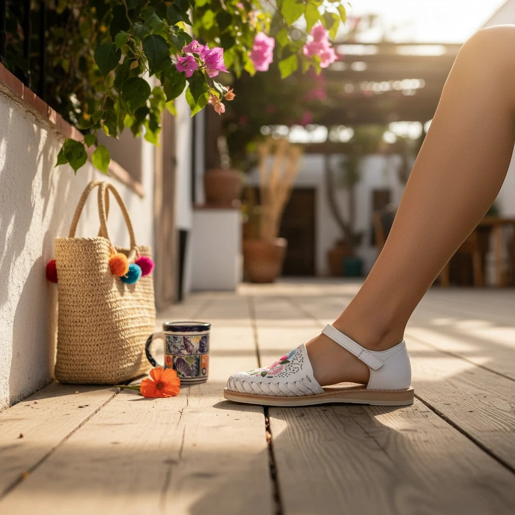 Huaraches ARTESANALRENVAL blancos de piel con bordado floral artesanal y correa de hebilla en un patio soleado