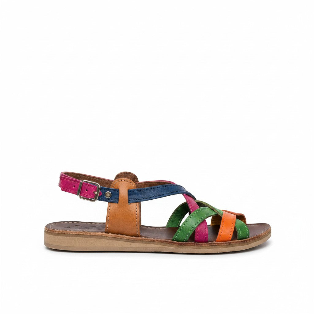 ARTESANALRENVAL sandalias huaraches de piel multicolor con tiras cruzadas y hebilla, estilo bohemio.