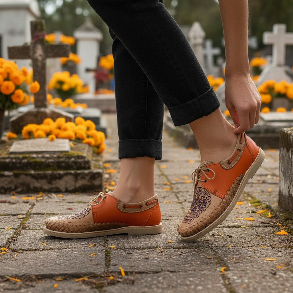 ARTESANALRENVAL handcrafted two-tone orange and tan leather lace-up oxfords with intricate laser-cut floral details.