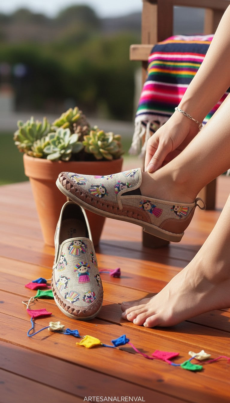ARTESANALRENVAL natural canvas huarache flats with Mexican doll print and woven leather trim. A woman's foot is shown wearing one shoe.