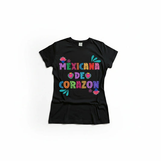 ARTESANALRENVAL black cotton crewneck t-shirt featuring a colorful Mexicana de Corazon folk art graphic print.