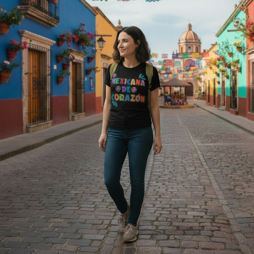 ARTESANALRENVAL black cotton crewneck t-shirt with Mexicana De Corazon graphic worn by a woman on a cobblestone street.