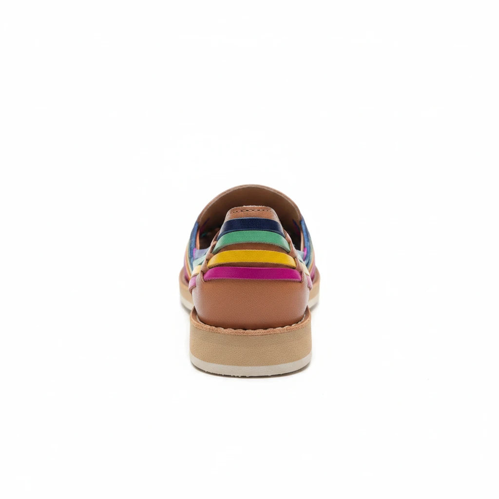 ARTESANALRENVAL handmade leather huarache sandals in tan with colorful woven heel detail and non-slip sole
