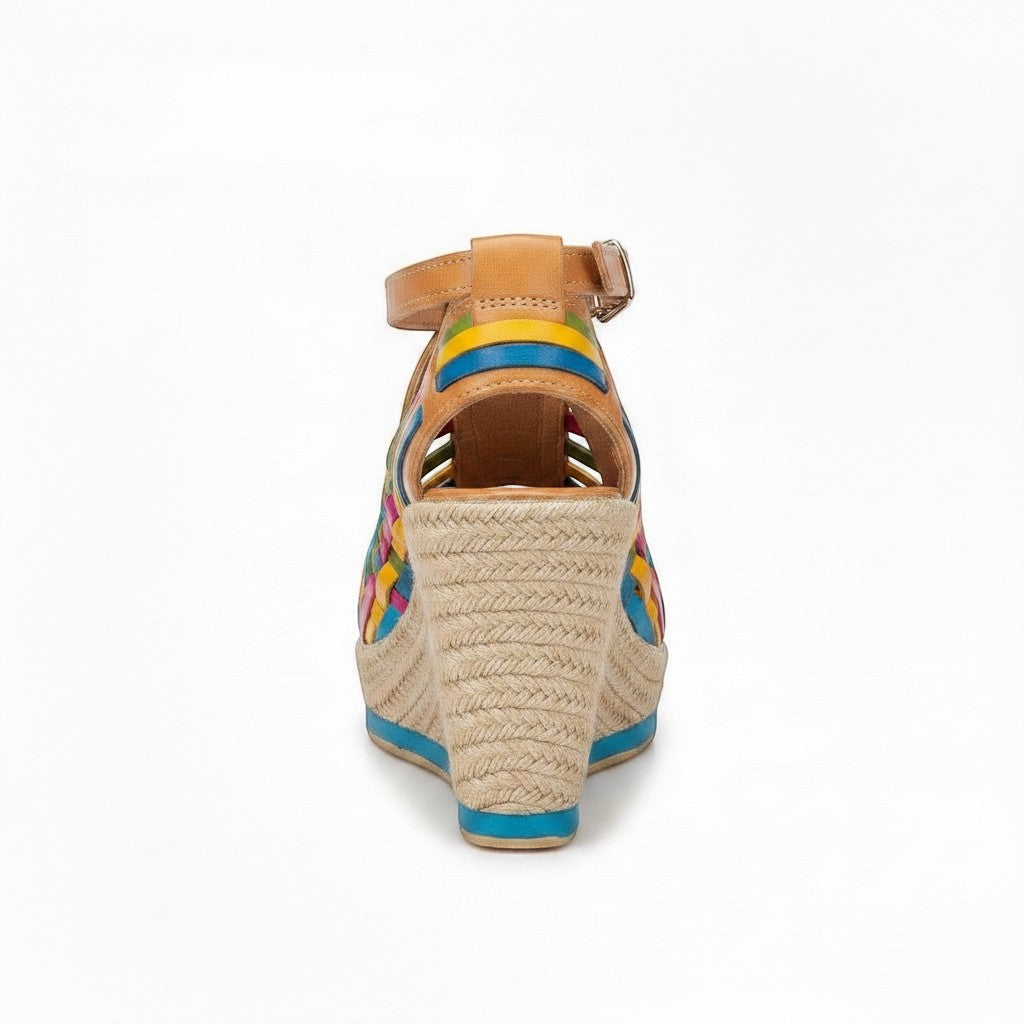 ARTESANALRENVAL multicolor woven leather wedge sandals with adjustable ankle strap and espadrille sole.
