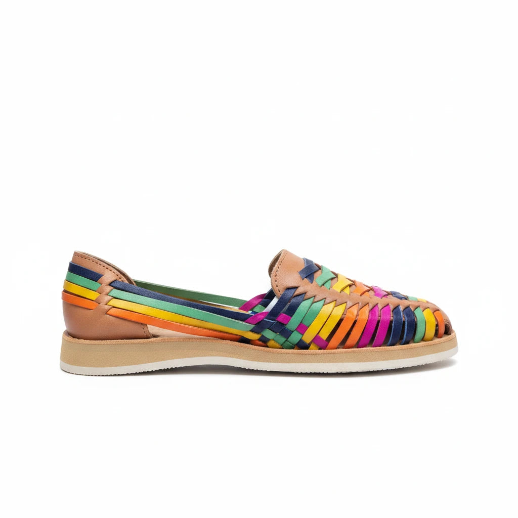 ARTESANALRENVAL multicolor woven leather huarache sandals with a comfortable cushioned sole and handmade design.