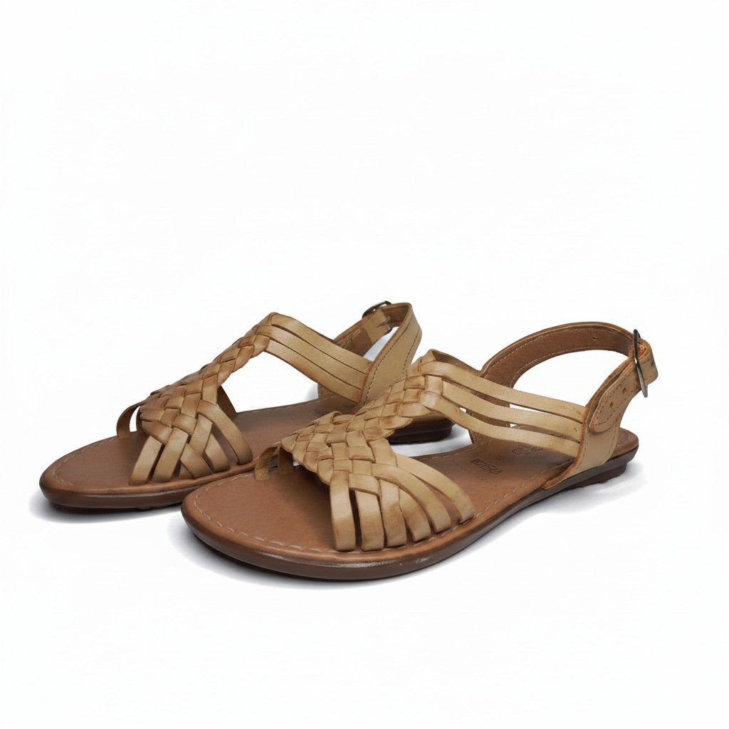 ARTESANALRENVAL natural tan leather woven strap flat sandals with ankle strap. Bohemian style, handmade in Mexico.