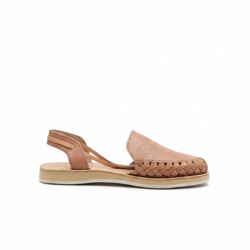 ARTESANALRENVAL nude leather huarache sandals with woven detail and tulip embossing on a comfortable flat sole